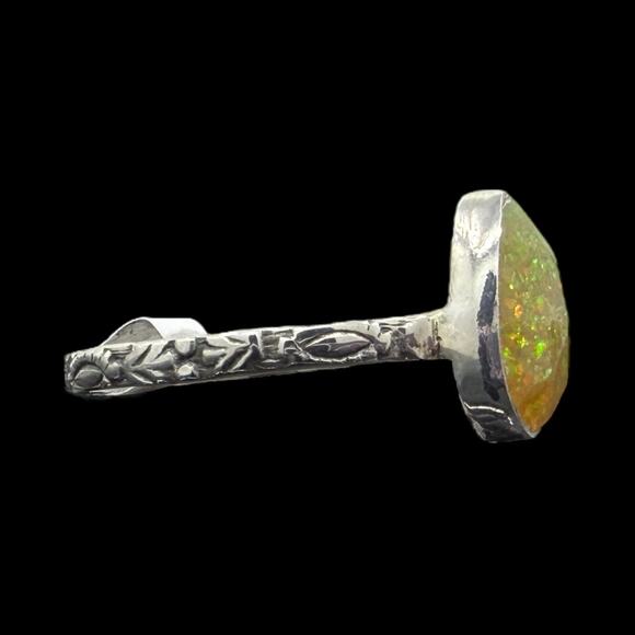 Rose Cut Pear Ethiopian Opal Ring 925 Sterling Silver Size 9 Carved Band - Picture 5 of 7